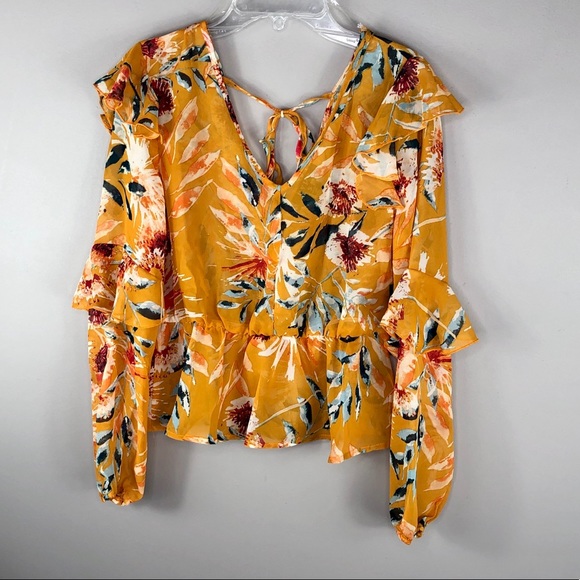 Hype Tops - Hype Yellow Floral Semi Sheer Tie Back Blouse